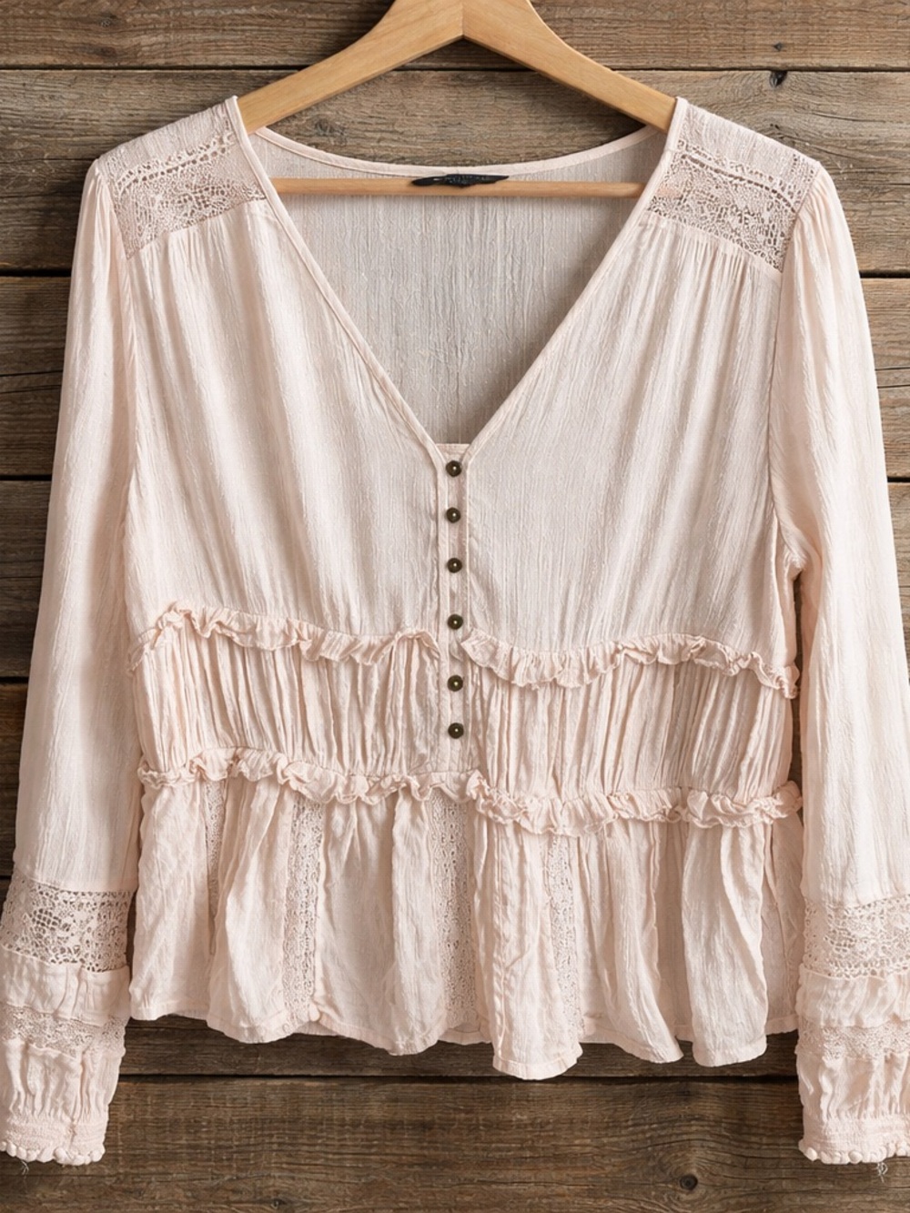 American Eagle Outfitters Pale Blush Ruffle Button-Front Blouse Size S